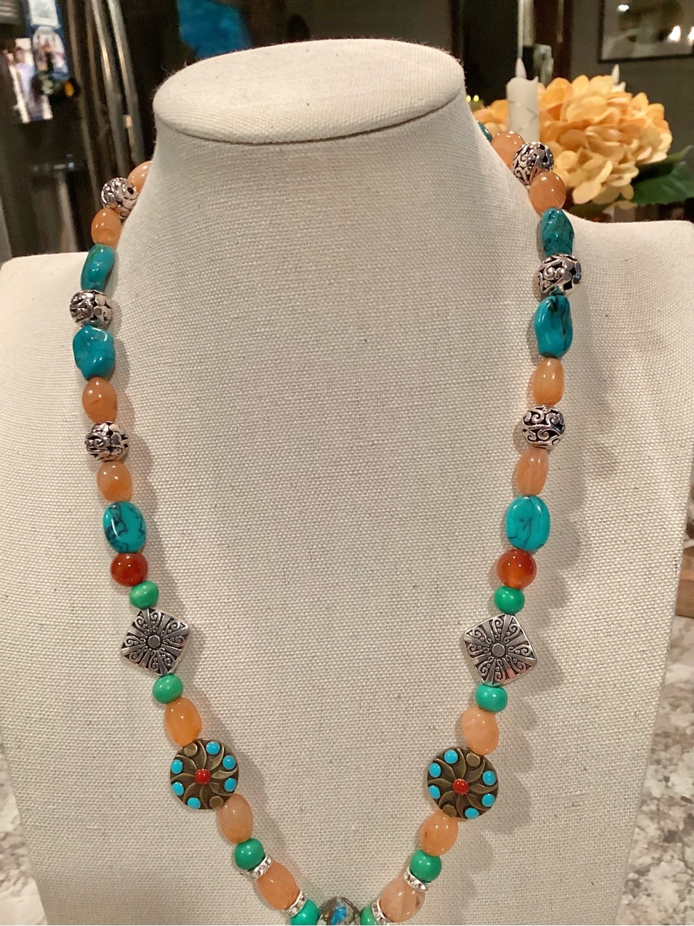 Artisan Handcrafted Turquoise & Orange Beaded Pendant Necklace - Picture 4 of 10